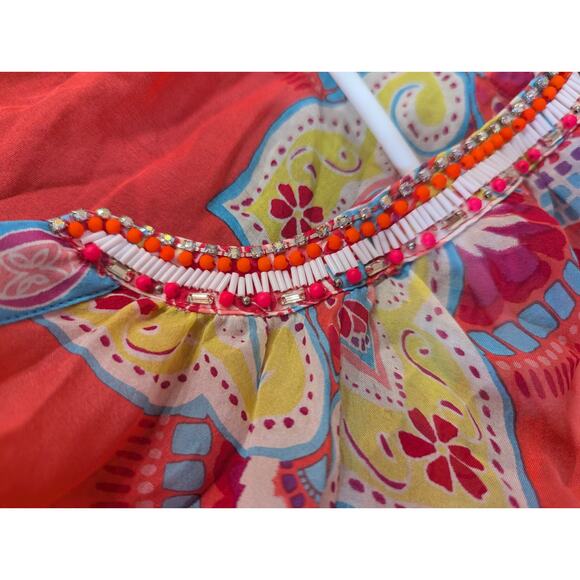 Hale Bob 100% silk and beaded neon mandala style print top w/roll tab sleeve top - Picture 9 of 10